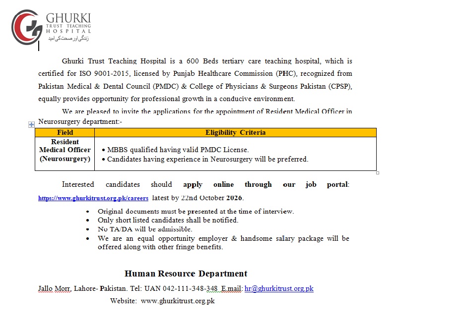 Resident / Senior Medical Officer  (Plastic Surgery)